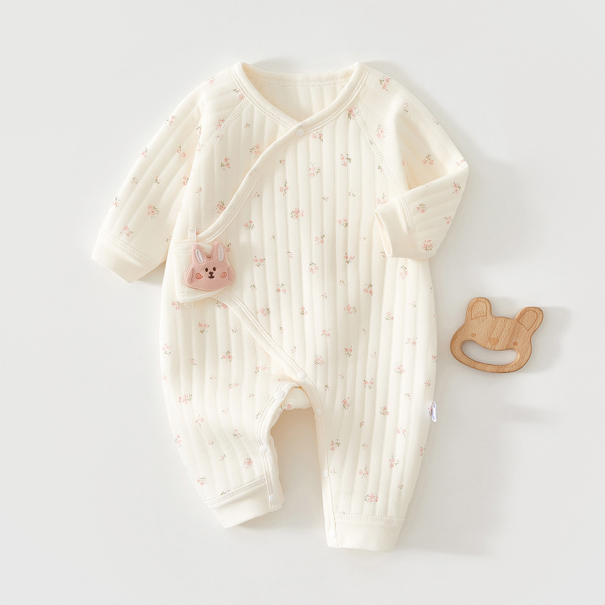 纯棉新生儿宝宝夹棉保暖连体衣秋冬季睡衣婴儿绑带哈衣和尚服03月