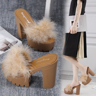 夏季超高跟鞋14CM夜店防水台松糕厚底粗跟毛毛鱼嘴鞋防滑凉拖鞋女