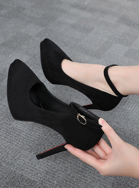 春秋新款尖头细跟单鞋10cm防水台高跟鞋时尚百搭黑色一字扣带女鞋
