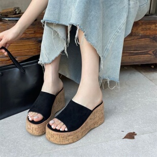 坡跟高跟鞋8CM防水台松糕厚底绒面鱼嘴凉鞋小个子增高拖鞋女春夏