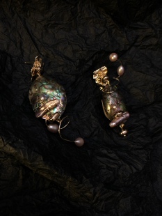 天然鲍鱼全贝天然紫色珍珠不规则不对称小众耳饰手作原创设计