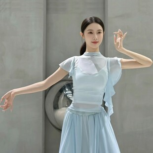 上衣女芭蕾舞练功服现代舞罩衫 古典舞高领纱衣身韵舞蹈服修身 短袖