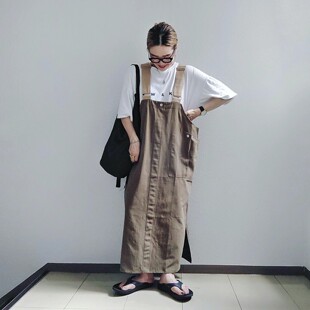日本贵牌工装风百搭背带裙女宽松显瘦直筒长款过膝侧开叉连衣裙