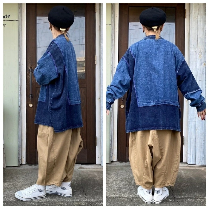 自留款特显瘦遮肉A字群下摆2024纯棉拼接宽松圆领套头做旧牛仔衫