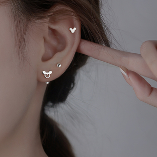 Z小姐S999足银米奇耳钉女养耳免摘纯银耳环甜美可爱耳骨钉耳饰品