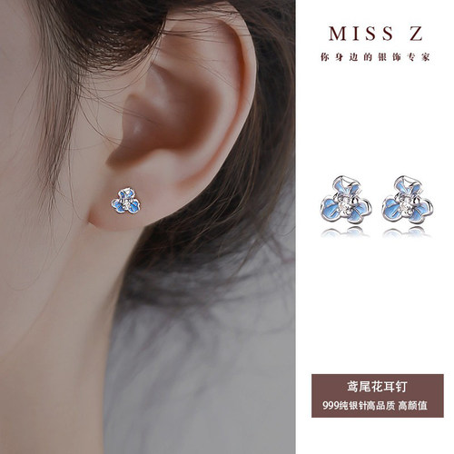 Z小姐999纯银针蓝色鸢尾花耳钉