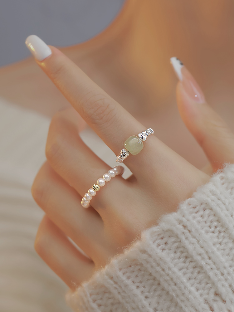 Miss Z Shijia Pearl 925 Sterling Silver Hetian Jade Broken Silver Ring 2024 New Explosive Light Luxury Niche Index Finger Ring