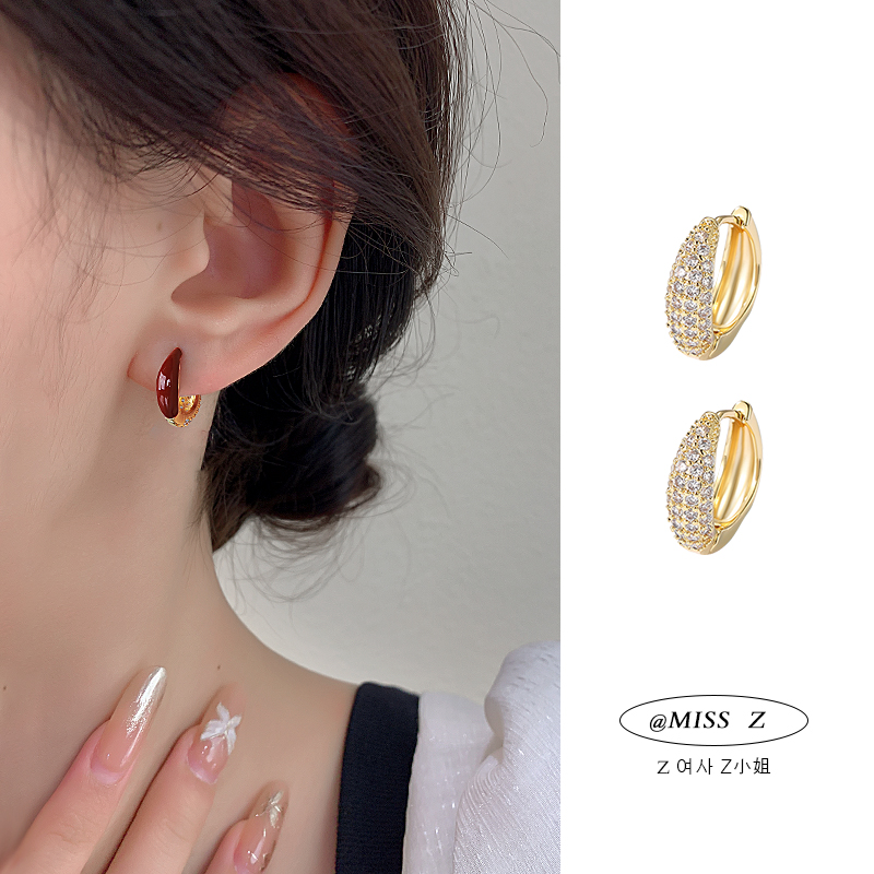 Z小姐【醉红颜】安克拉红满镶闪锆耳环女气质高级感珐琅耳扣耳饰