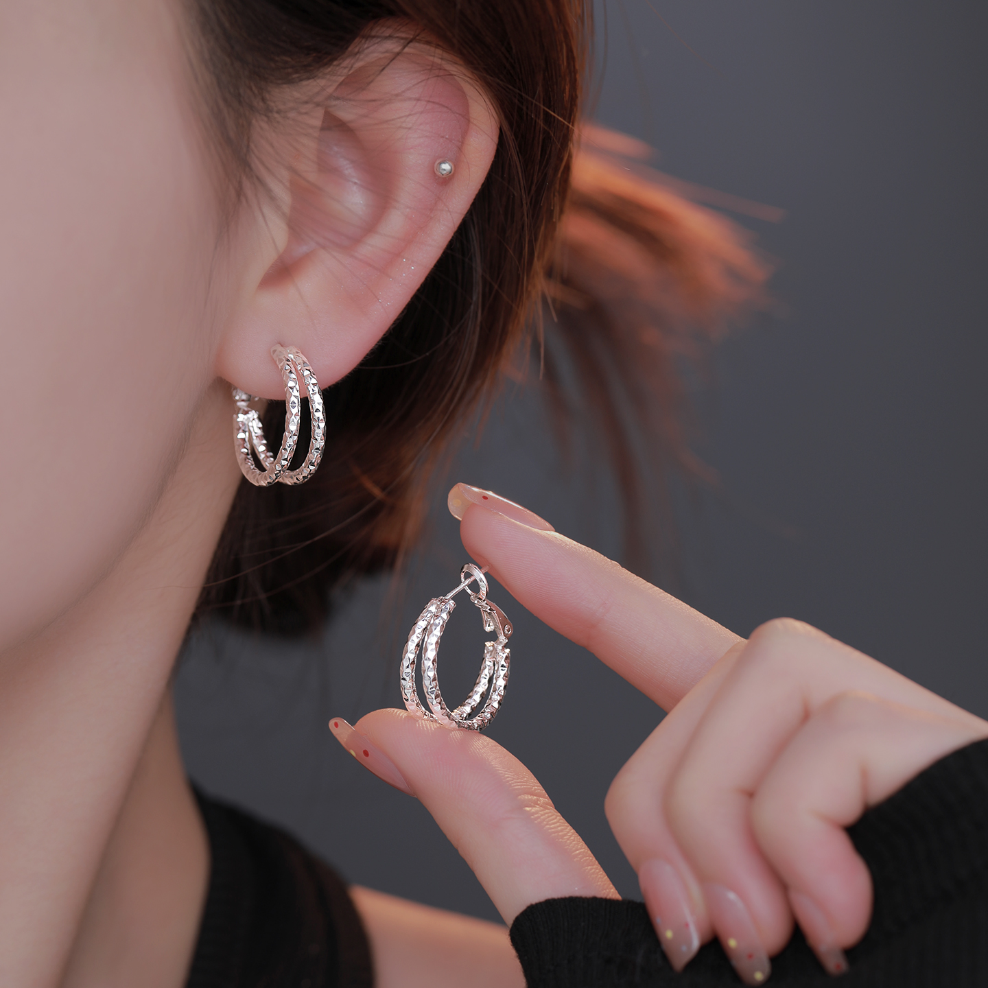 Z小姐925银针简约双层圆形耳环