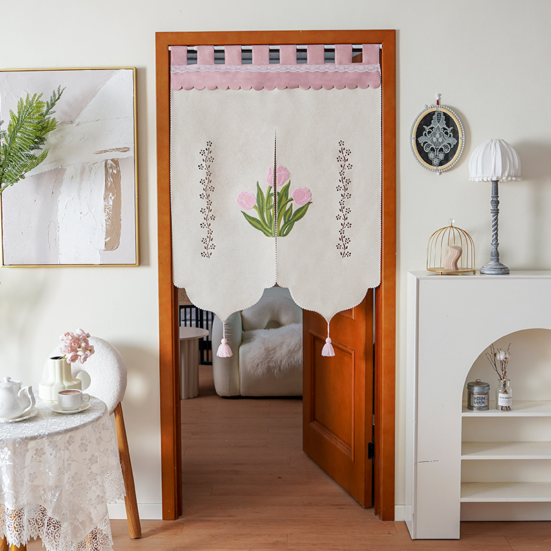 法式郁金香刺绣网纱门帘
