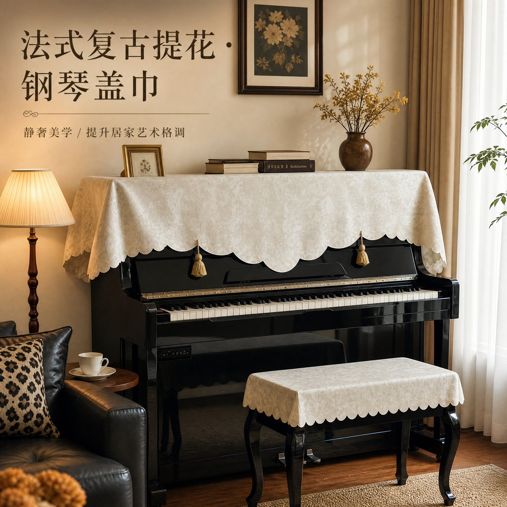 法式唐顿庄园钢琴防尘罩轻奢高档通用钢琴罩半罩中古风琴凳罩盖布