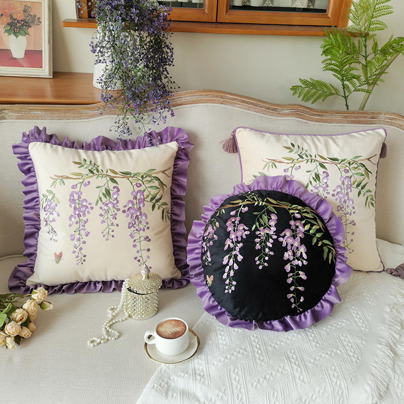 法式中古风刺绣紫藤萝抱枕