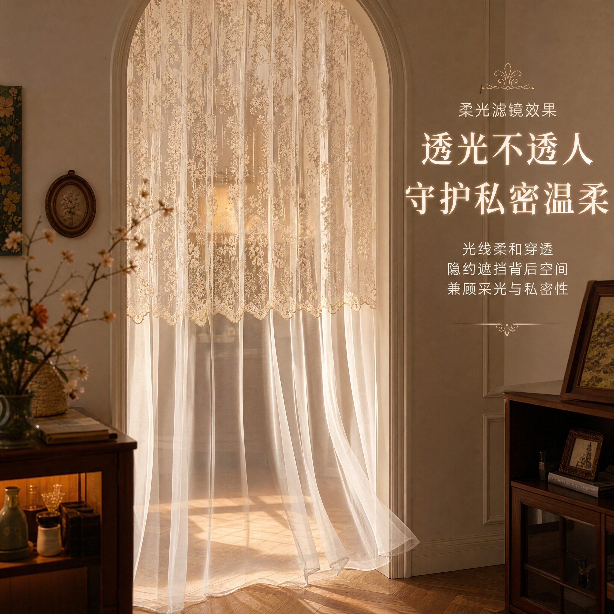 法式拱形门帘高级感通用蕾丝纱帘图片