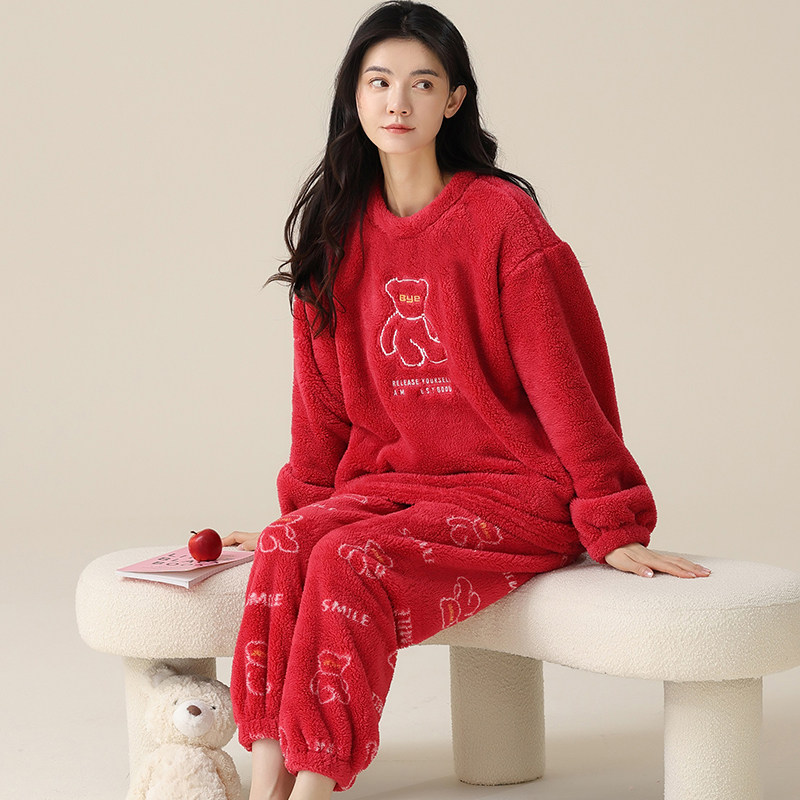 秋冬款珊瑚绒睡衣女士春秋冬季加厚保暖可爱韩版法兰绒家居服套装
