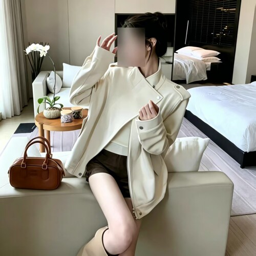 Aiii77米白机车风麂皮夹克女