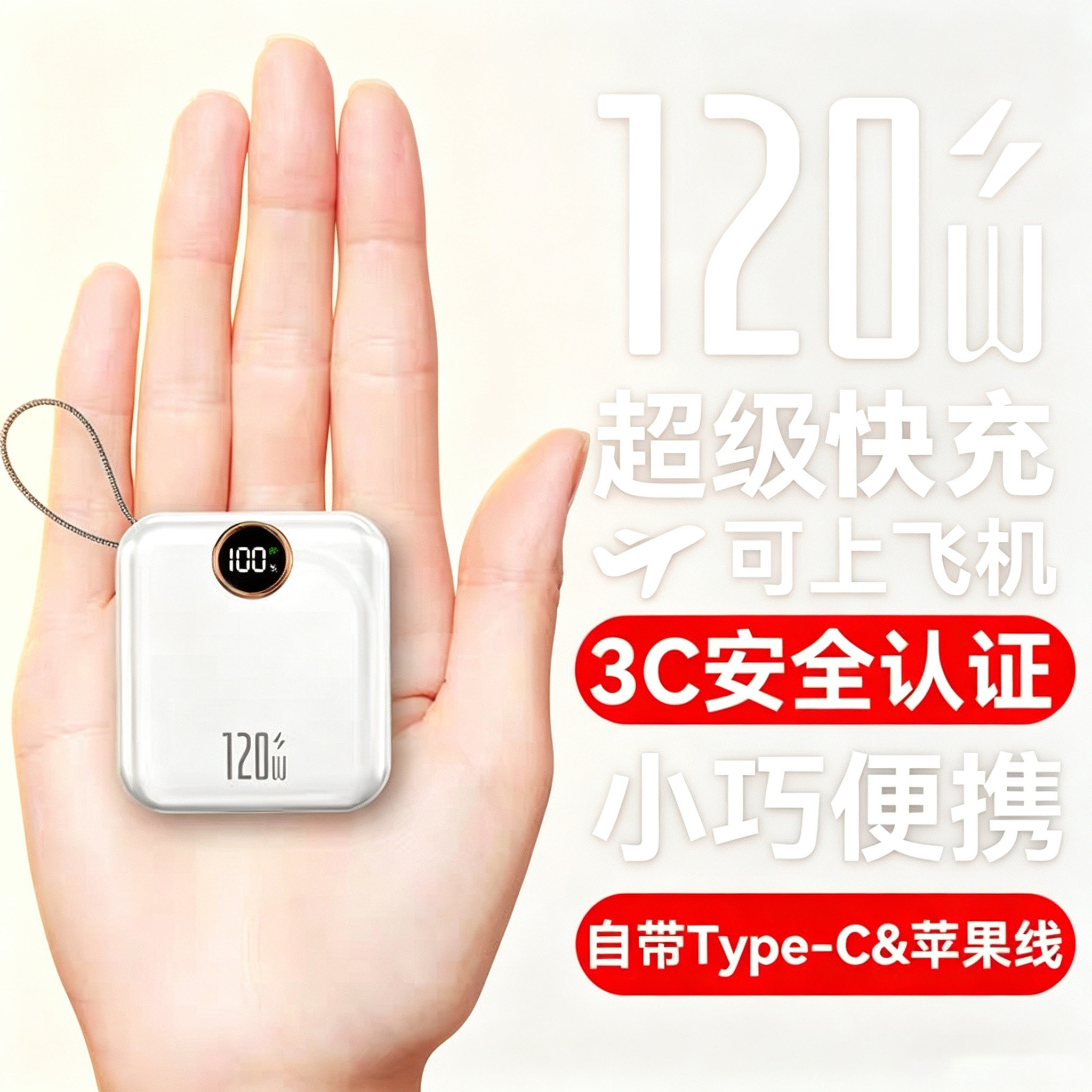 新国标3c认证快充电宝上飞机自带线迷你超薄小巧便携适用苹果华为