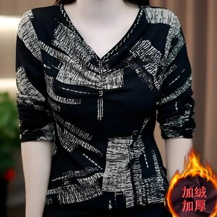 2025秋冬新款时尚气质打底衫网纱长袖t恤女装V领洋气加绒保暖上衣