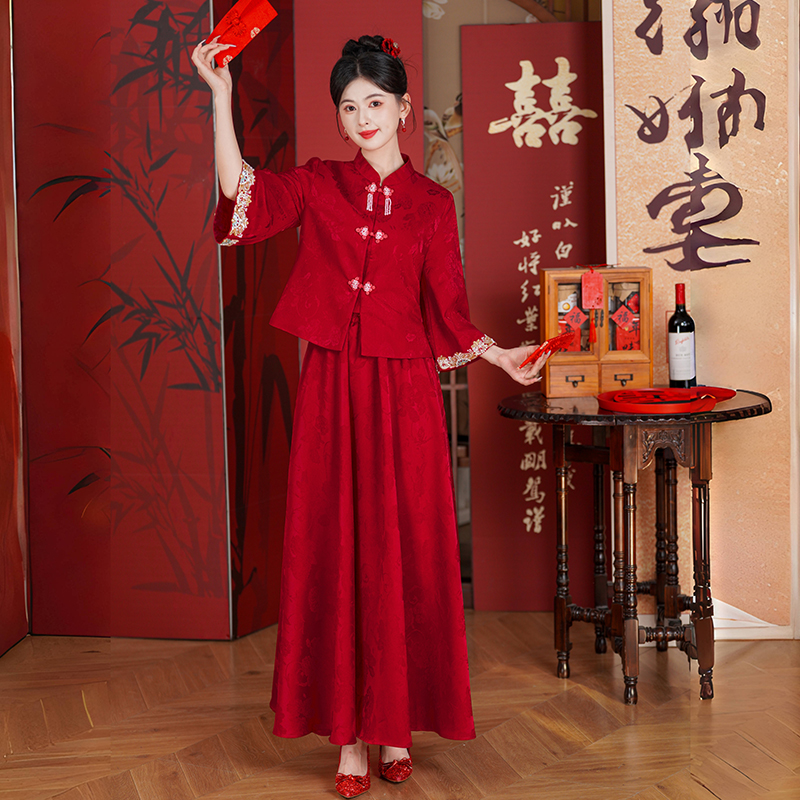 红色喜服敬酒订婚礼服两件套