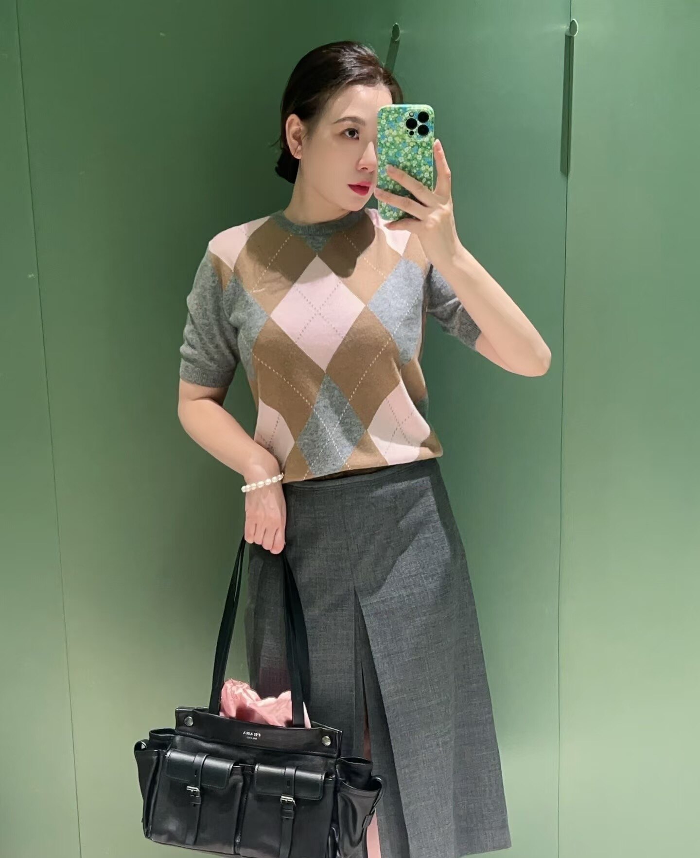 2026早春新款小香风菱格纹短袖针织衫女修身显瘦减龄洋气短袖上衣