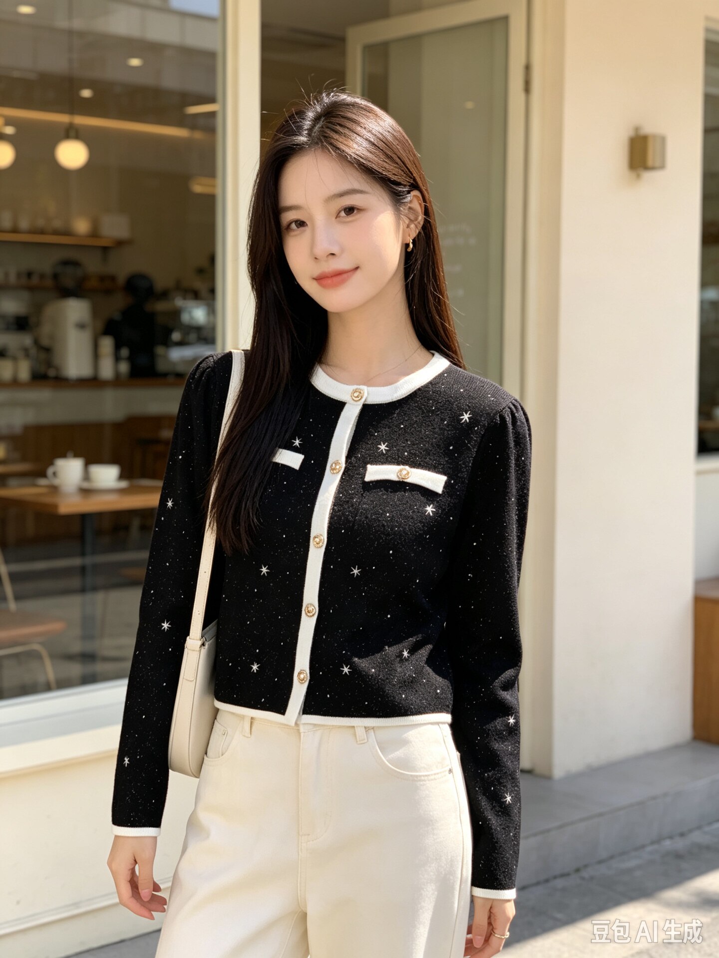 小香星星闪丝针织开衫女秋季精致珍珠扣短款撞色边气质毛衣外套