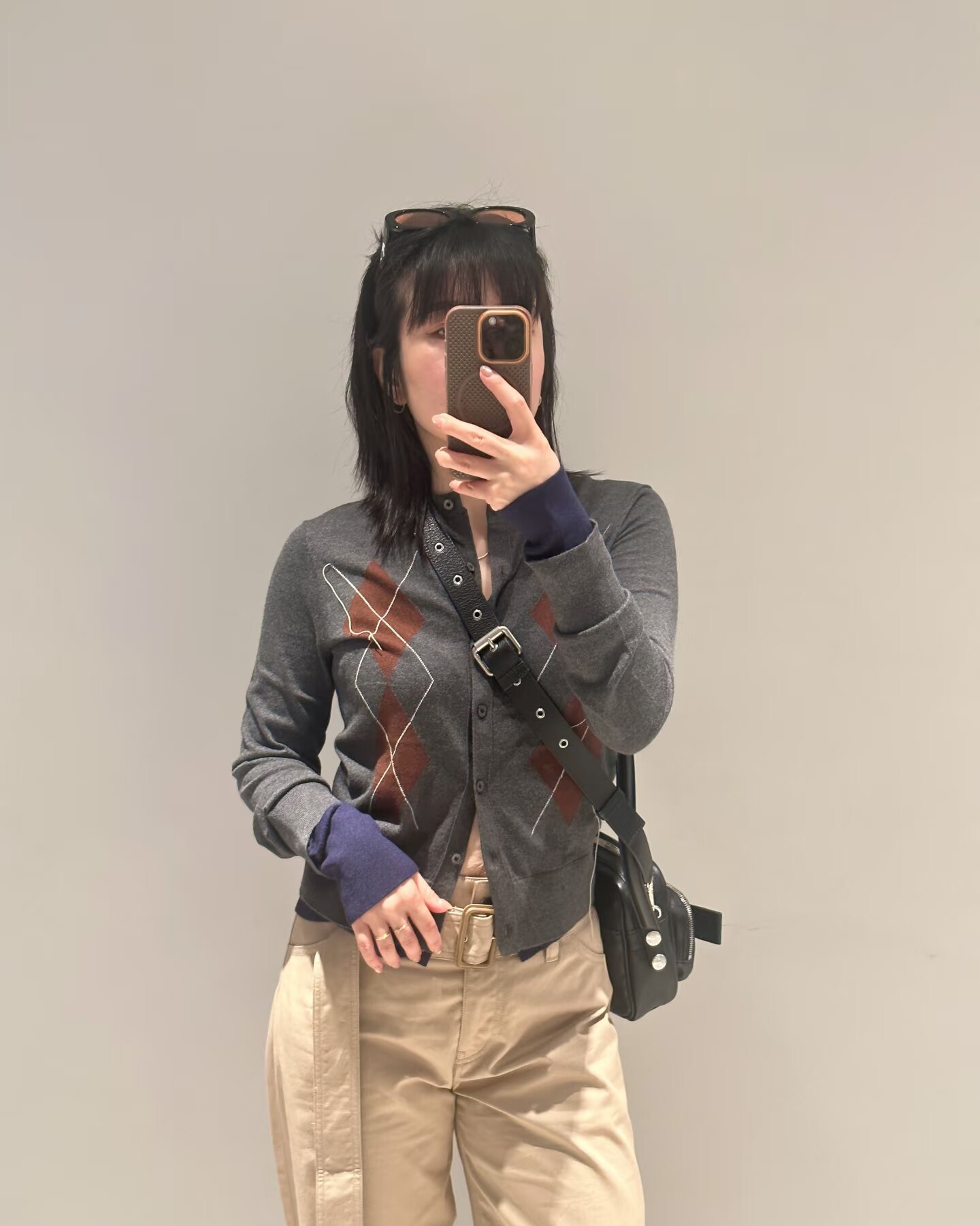 复古菱格羊毛针织开衫女 撞色假两件袖口圆领薄款毛衣外套早秋