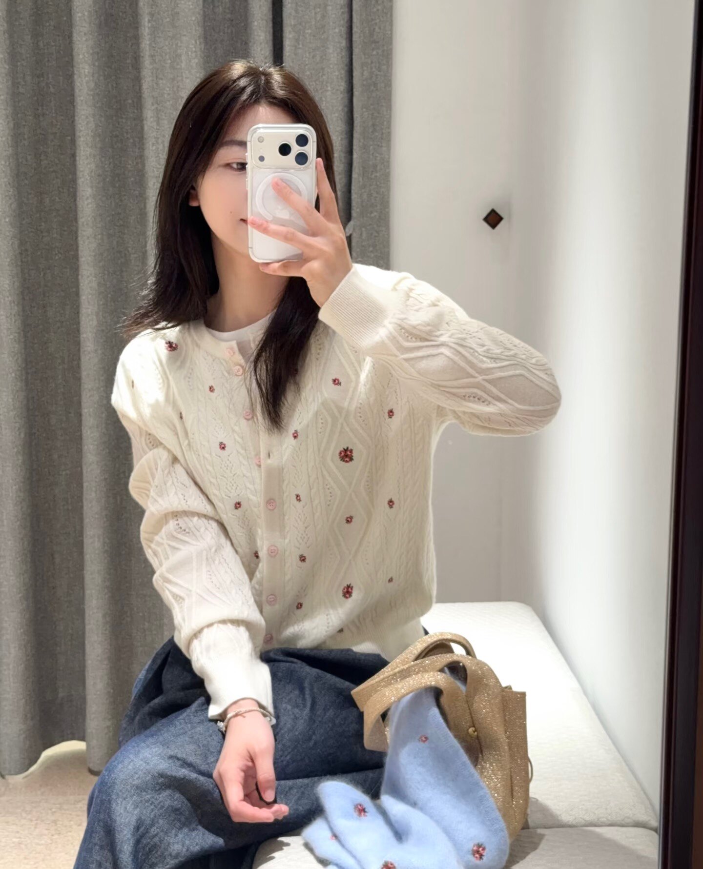 法式刺绣碎花针织开衫女菱格绞花圆领短款毛衣外套温柔风春秋外搭
