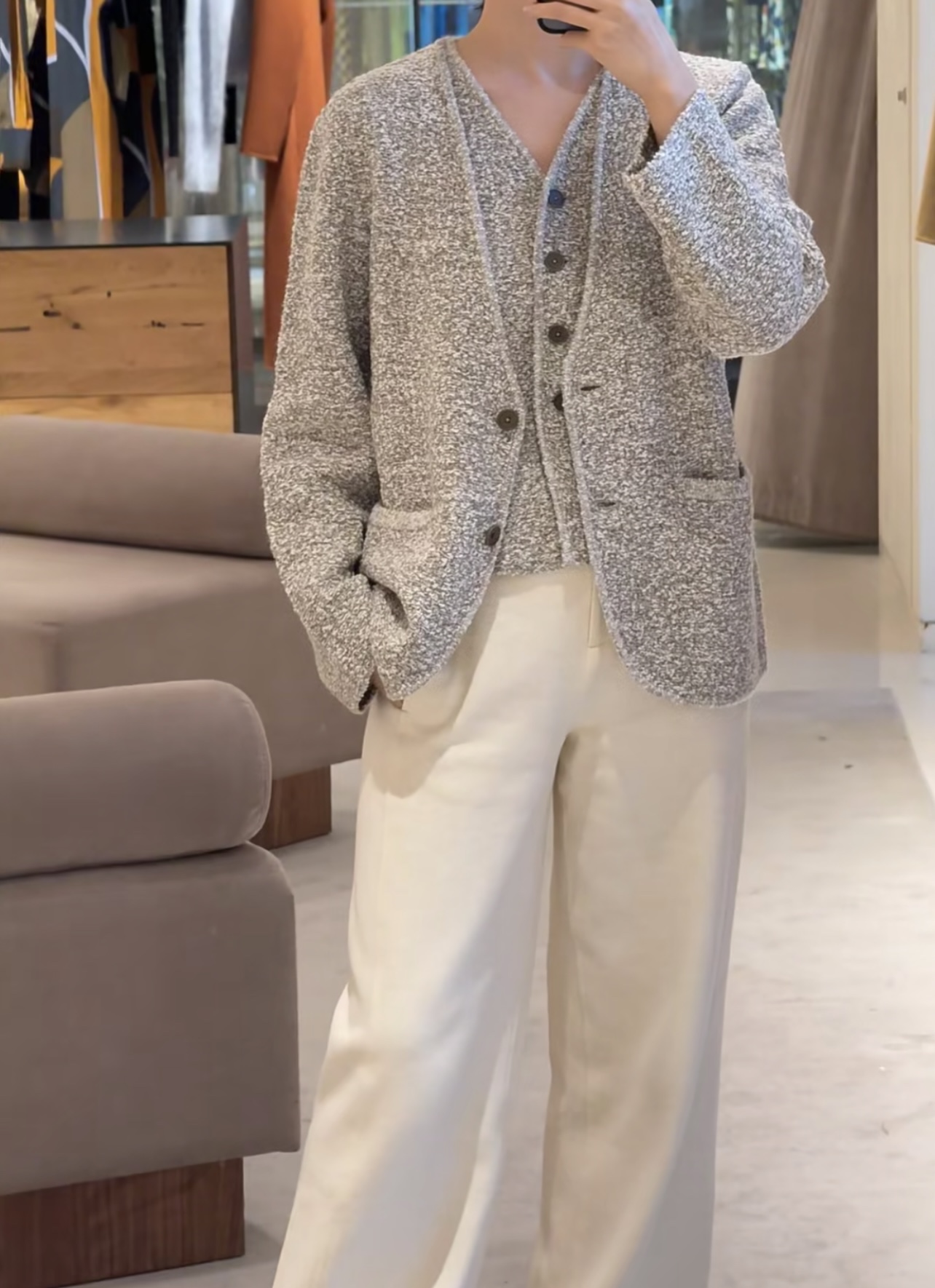 支禾家牛货巴黎工坊原纱特种无染色结子纱针织马甲无领开衫和外套