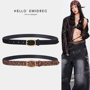 高级感真皮麂皮绒豹纹皮带女宽装 腰带配饰棕色黑色复古 饰配牛仔裤