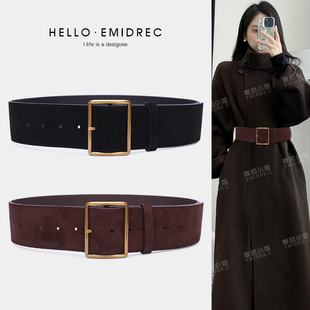 复古美拉德高级感真皮腰封麂皮绒宽腰带女棕色皮带装 饰配大衣裙子
