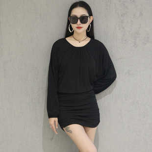 包臀连衣裙秋冬2024新款宽松遮肚子显瘦女装性感圆领长袖短款裙子