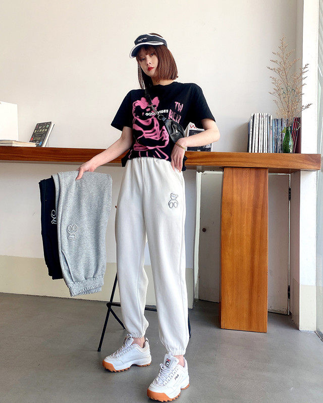 小个子灰色运动裤女百搭纯棉哈伦裤束脚春季卫裤宽松春秋休闲女裤