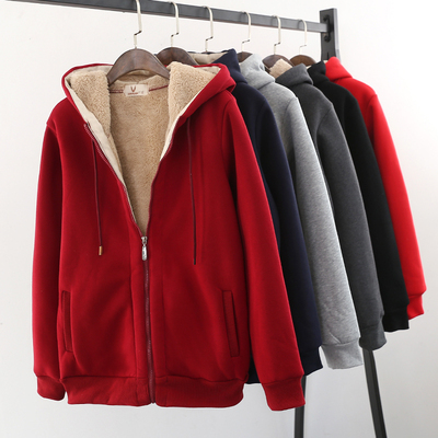 冬季加绒加厚连帽拉链羊羔绒卫衣