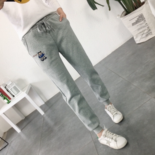 纯棉束脚哈伦卫裤 春秋冬款 显瘦小脚裤 灰色加厚运动裤 女 加绒休闲裤