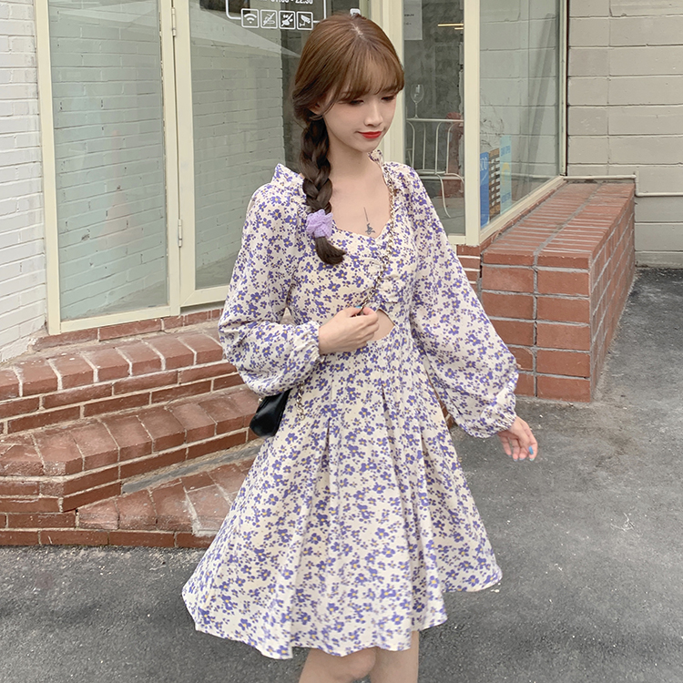 Real price spring and summer French floral retro printing Long Sleeve Chiffon Skirt square neck dress