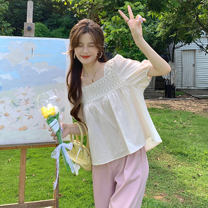RM19706#夏季设计感镂空钩花套头上衣泡泡袖方领短袖衬衫女