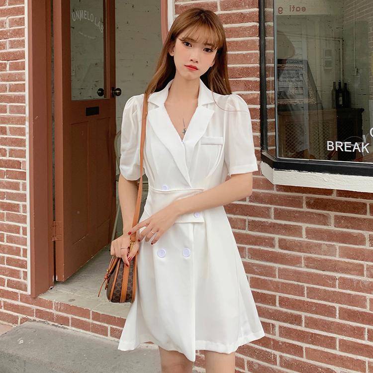 Real shot real price summer design sense small crowd gathered waist dress women's fried Street short sleeve suit skirt