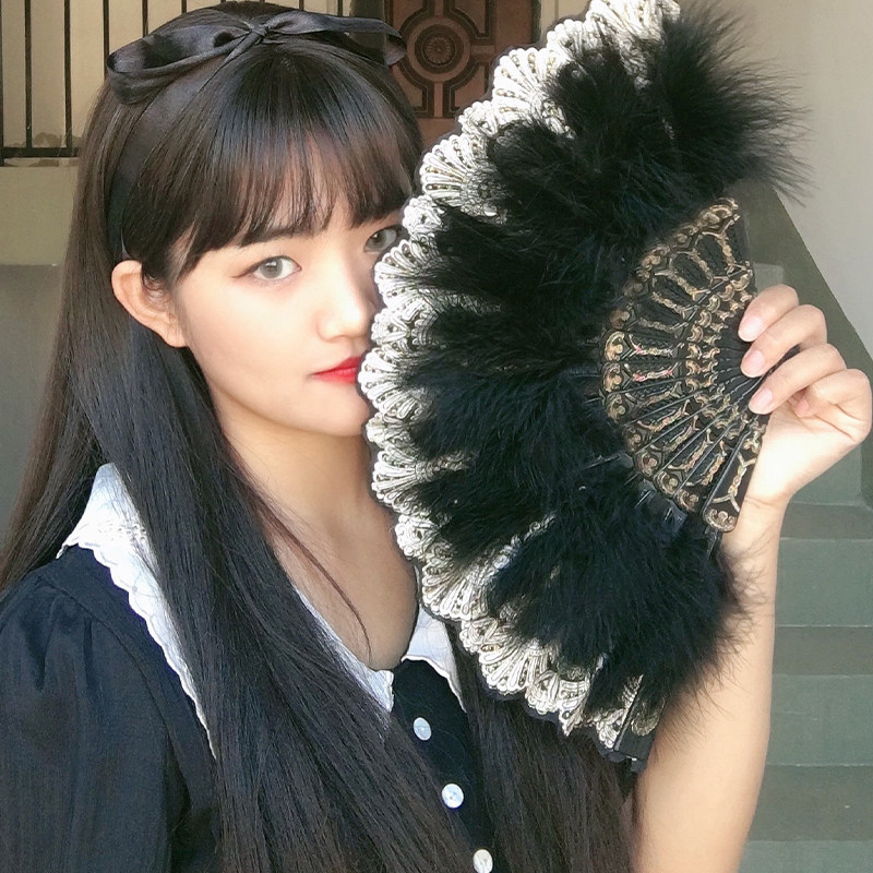 洛丽塔Lolit折扇暗黑哥特风宫廷扇少女复古黑色舞蹈扇白色羽毛扇高性价比高么？