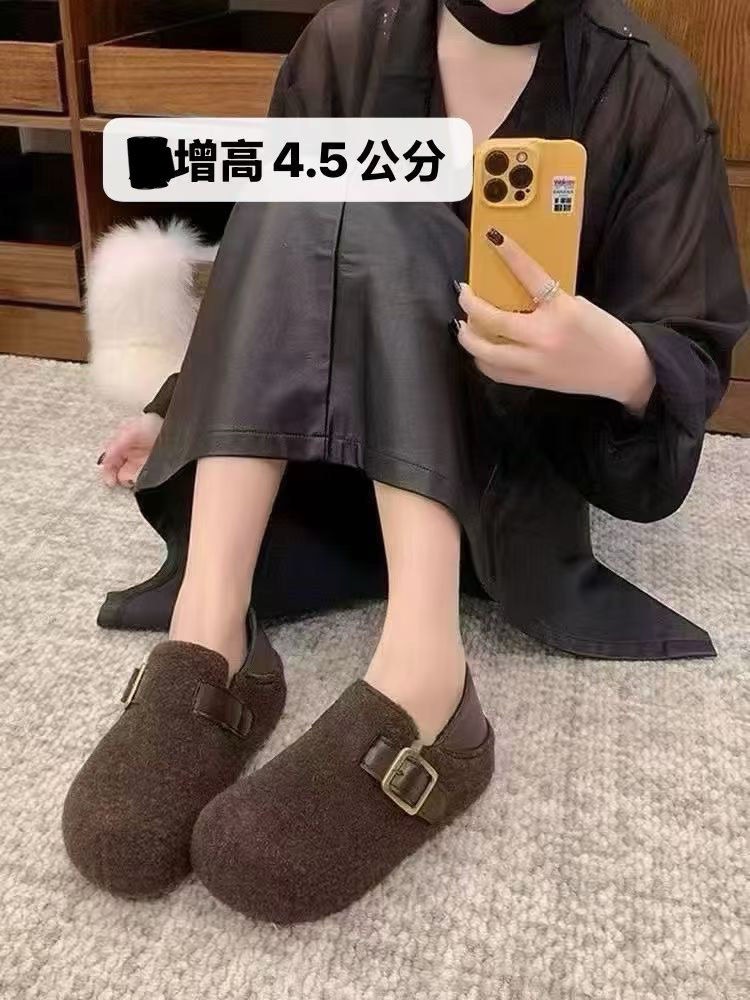2025冬季新款毛呢加绒内增高平底鞋软底棉鞋拖懒人一脚蹬勃肯鞋女