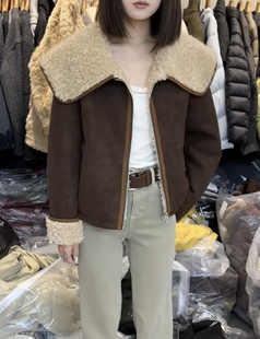 2026冬新款女翻领加绒加厚保暖毛毛麂皮绒机车服短款皮草外套上衣