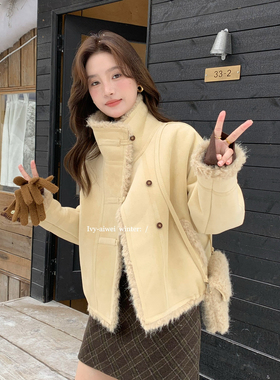 艾薇-韩系立领氛围感麂皮绒仿皮毛一体短外套(配包包)83081