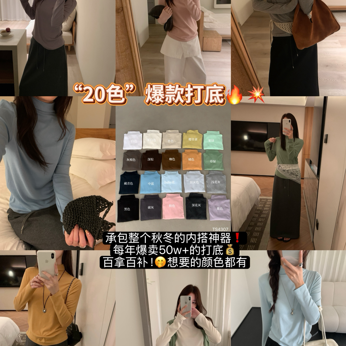 TE承包整个秋冬百搭长袖舒适立领打底衫20个色百拿百补TS4307