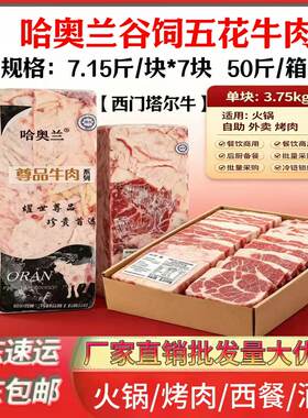哈奥兰谷饲五花牛肉肥牛50斤/箱商用西门塔尔牛烧烤肉火锅食材