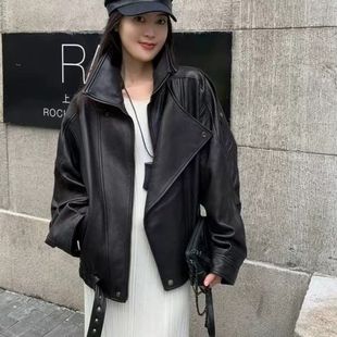 海宁新款泡泡棉机车夹克宽松皮衣外套女2024秋冬黑色2024最新款高