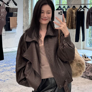 杨树林同款羊羔泡皮夹克女2024新款PU皮皮衣女款机车服短款外套