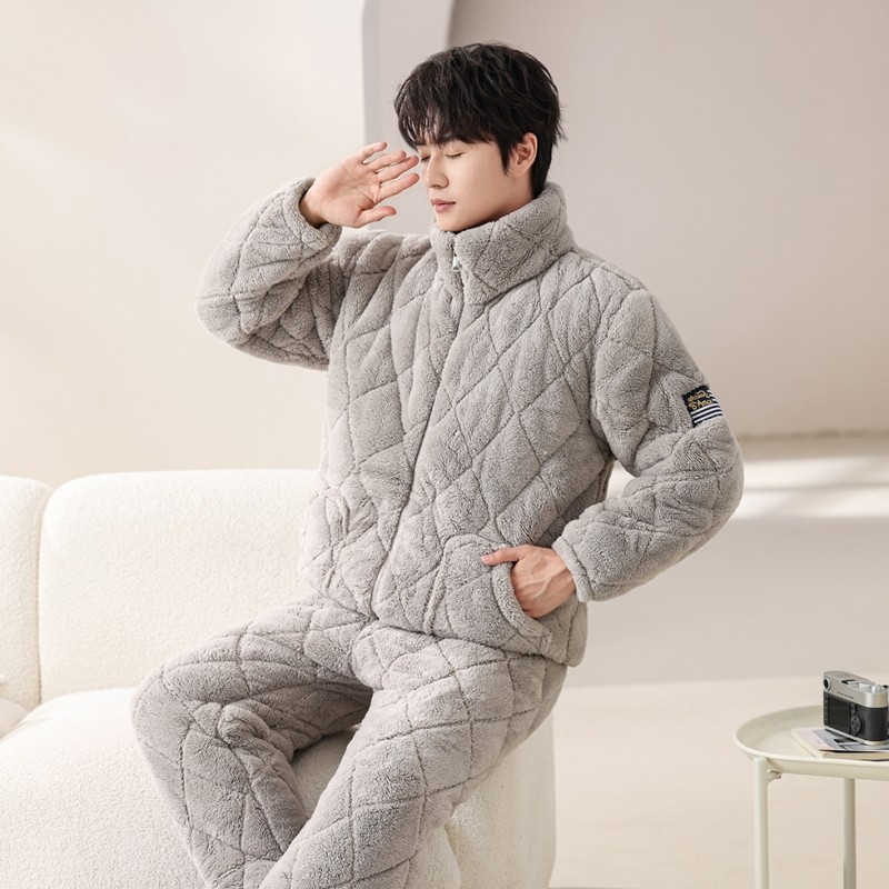 拉链男款提花绒三层夹棉加绒加厚冬季睡衣中青年家居服保暖套装,女士内衣/男士内衣/家居服,睡衣/家居服套装,淘宝优惠券,粉丝福利购,淘宝优惠卷