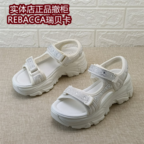 REBACCA瑞贝卡女鞋正品撤柜水钻厚底凉鞋女休闲魔术贴日常沙滩鞋