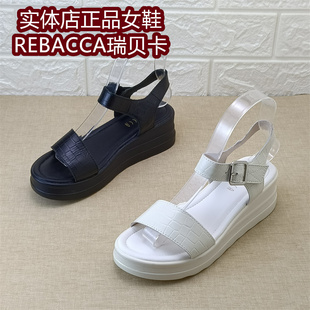 REBACCA瑞贝卡正品撤柜真皮女鞋一字带坡跟凉鞋夏季休闲鞋牛皮鞋