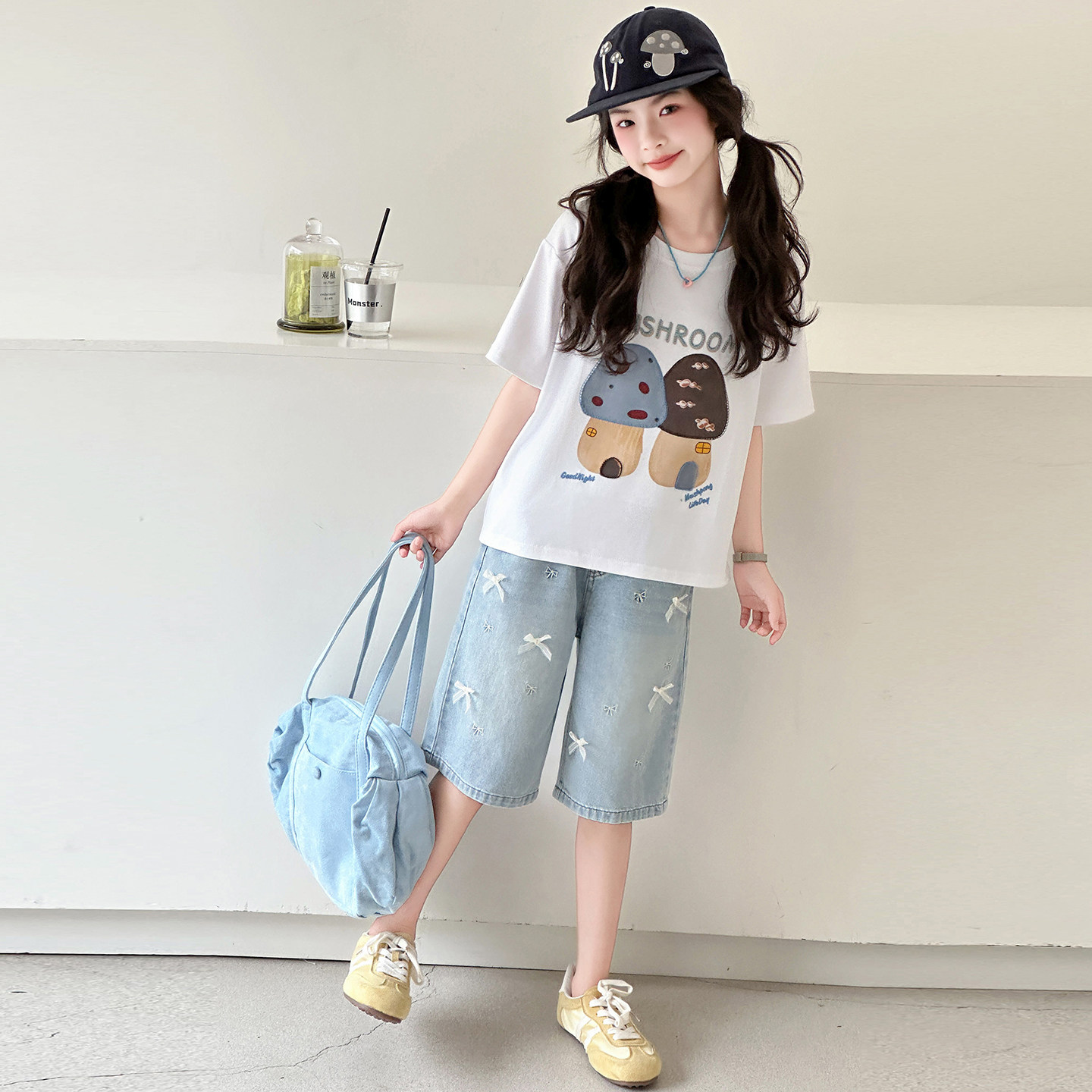 女童T恤夏季新款韩版女孩短袖短裤两件套中大童牛仔热裤套装童装