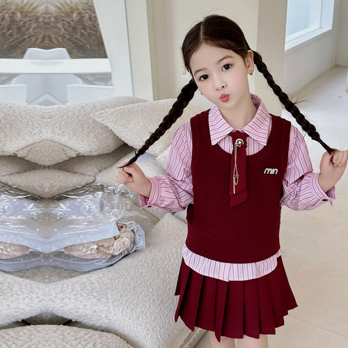 女童园服校服学院风演出服春秋儿童jk衬衫亮丝马甲衬衫裙子三件套