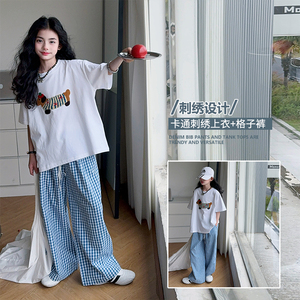 女童短袖套装夏季韩版女孩薄款T恤两件套大童纯棉上衣格子休闲裤